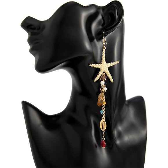 Gold Starfish Tassel Drop Earrings for Women Beach Jewelry Fashion Gift - Picture 6 of 7